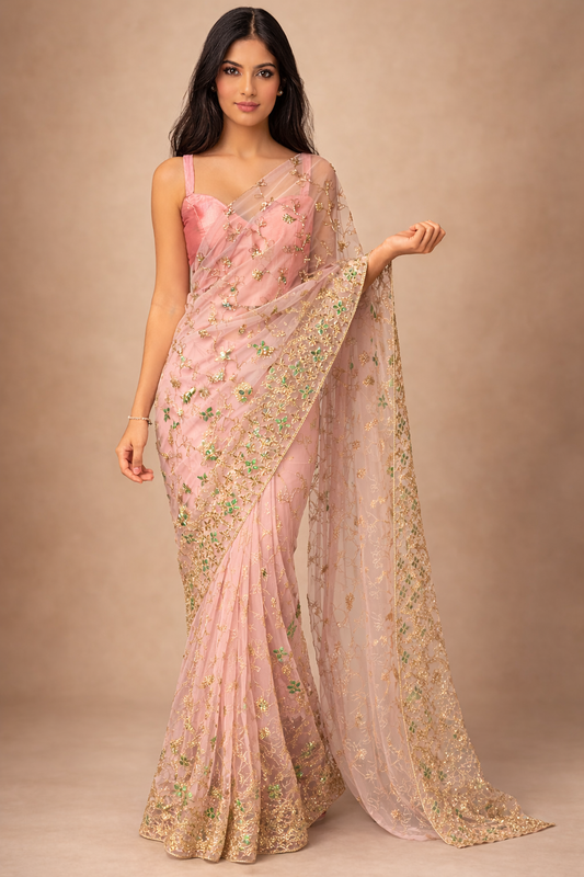 Pink Net Floral Embroidered | Ready To Wear Saree one minute saree