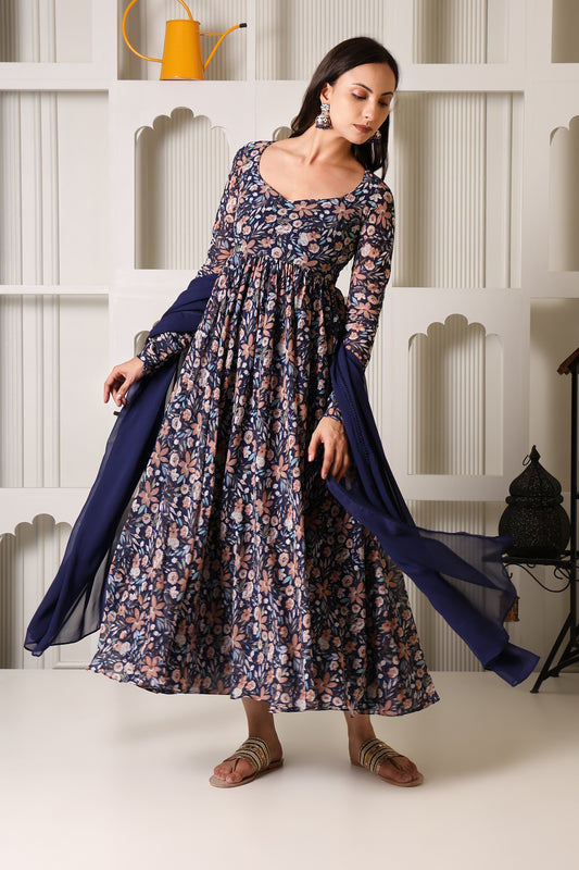 Purple Floral Print Georgette Suit Set