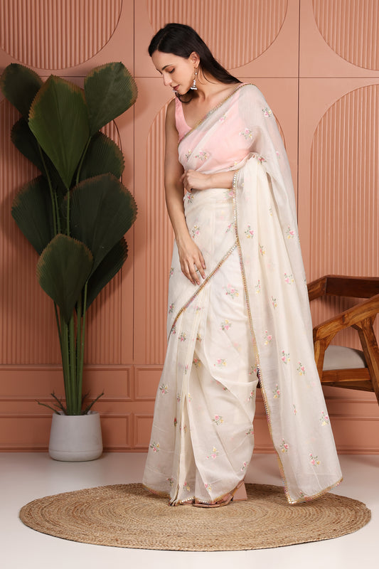 Ivory Mul Chanderi Pre-Stitched Saree With Pocket