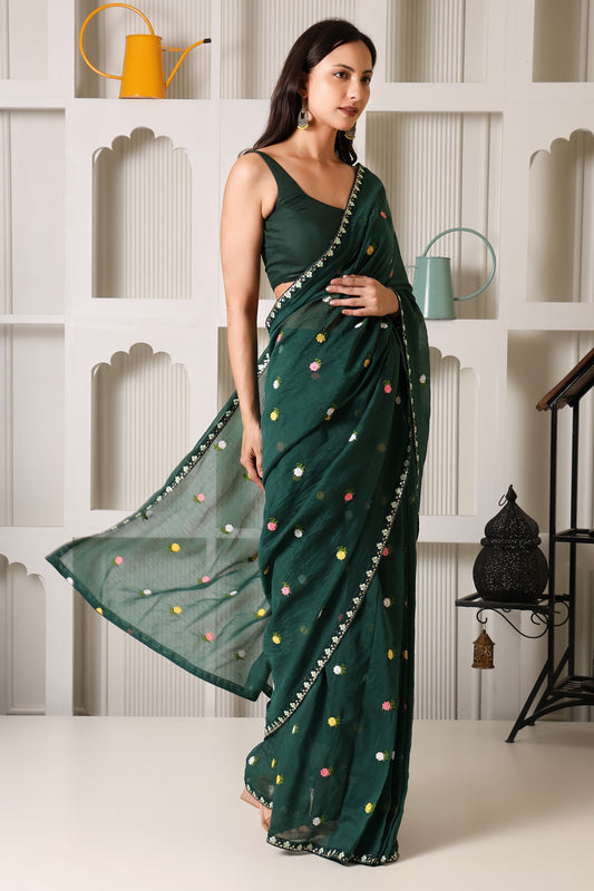 Bottle Green Mul Chanderi Pre-Stitched Saree With Pocket