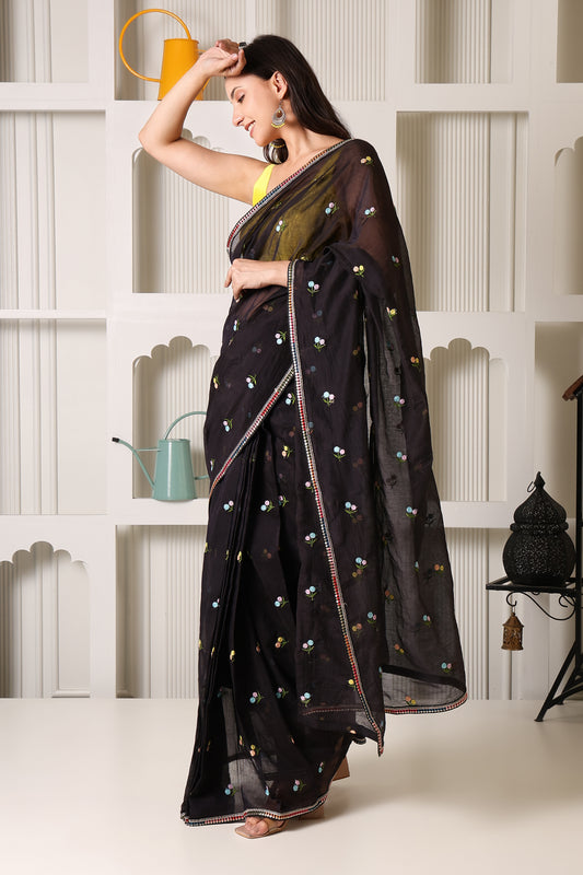 Black Mul Chanderi Pre-Stitched Saree With Phulkari Lace