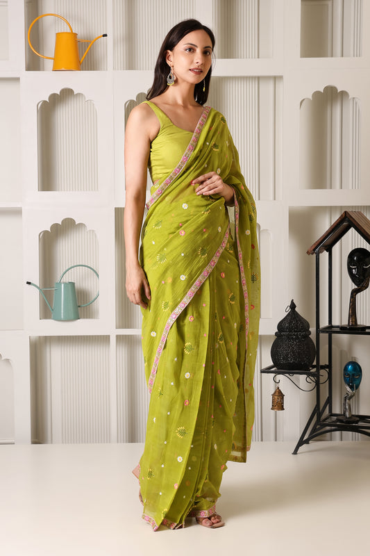 Lime Green Mul Chanderi Pre-Stitched Saree With Pocket