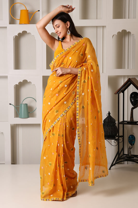 Mustard Yellow Mul Chanderi Pre-Stitched Saree With Pocket