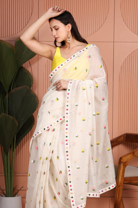 Colourful White Mul Chanderi Pre-Stitched Saree With Pocket