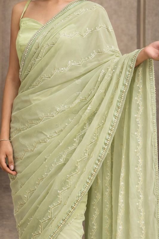 Mint Green Striped Embroidered Georgette | Ready To Wear Saree
