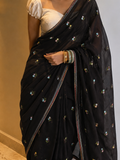 Black Mul Chanderi Pre-Stitched Saree With Phulkari Lace