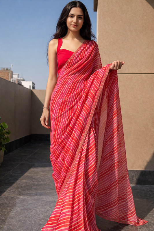 Pink Leheriya Pure Georgette | Ready To Wear Saree one minute saree