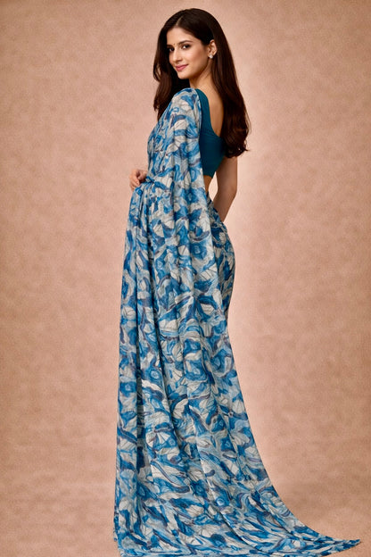 Blue Printed Georgette | Ready To Wear Saree one minute saree