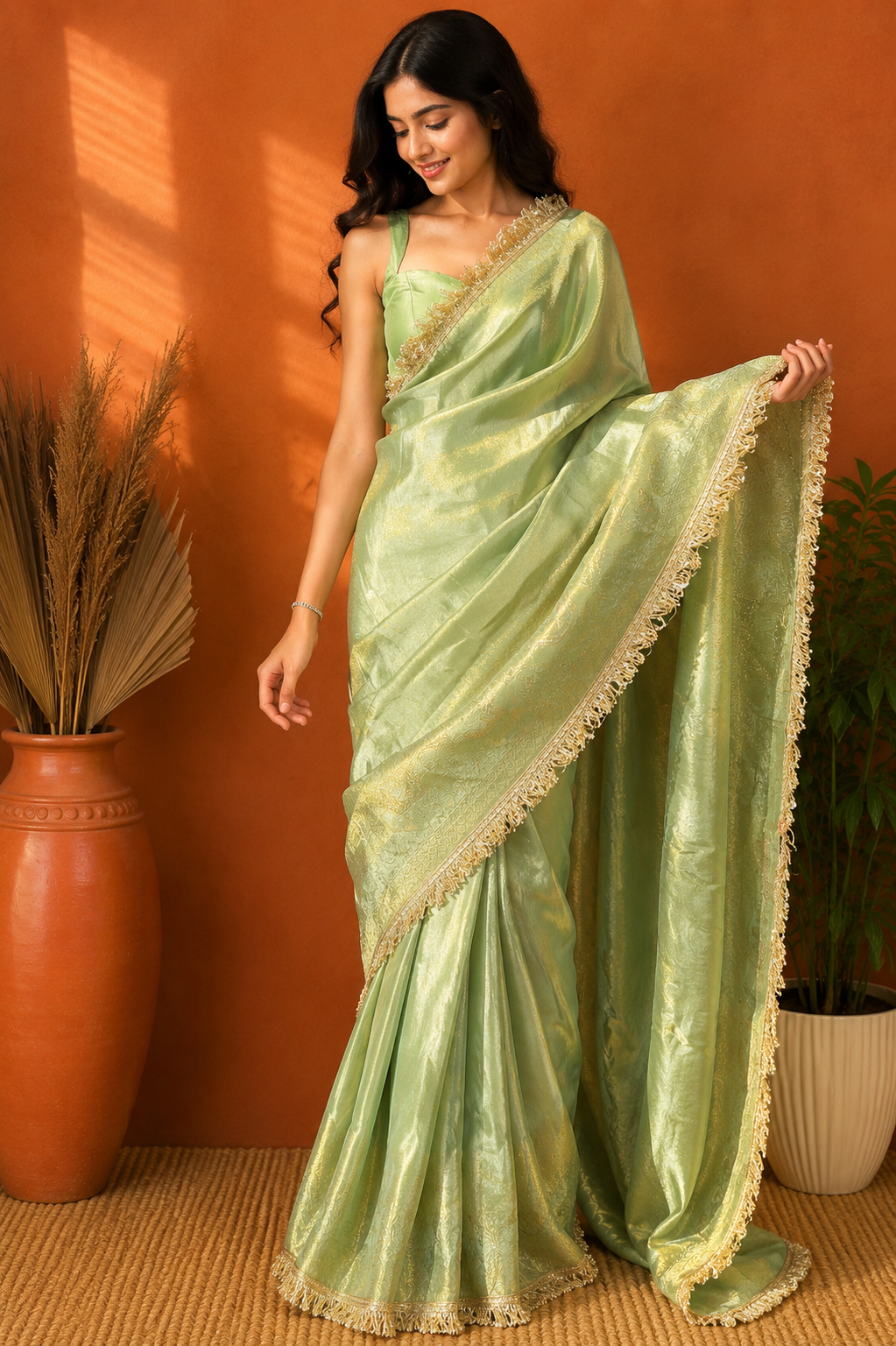 Banarasi Style Pistachio Green Tissue | Ready To Wear Saree