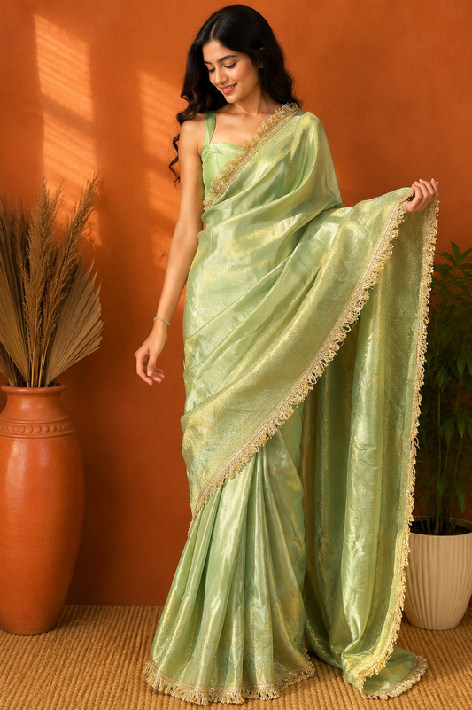 Banarasi Style Pistachio Green Tissue | Ready To Wear Saree