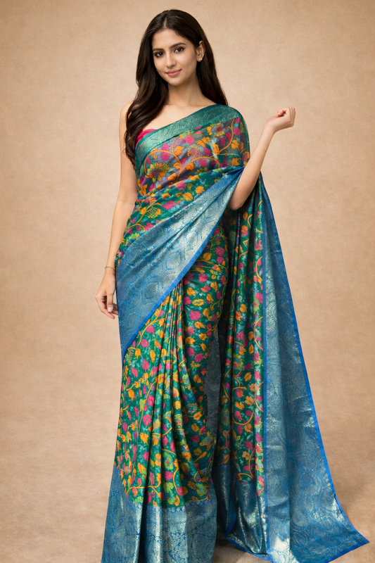 Green Floral Printed Organza | Ready To Wear Saree one minute saree