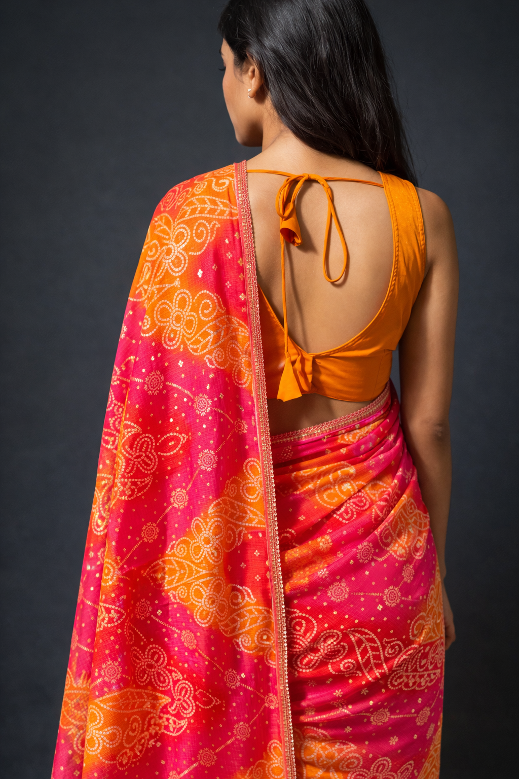 Pink & Orange Bandhani Style Kota Doria | Ready To Wear Saree