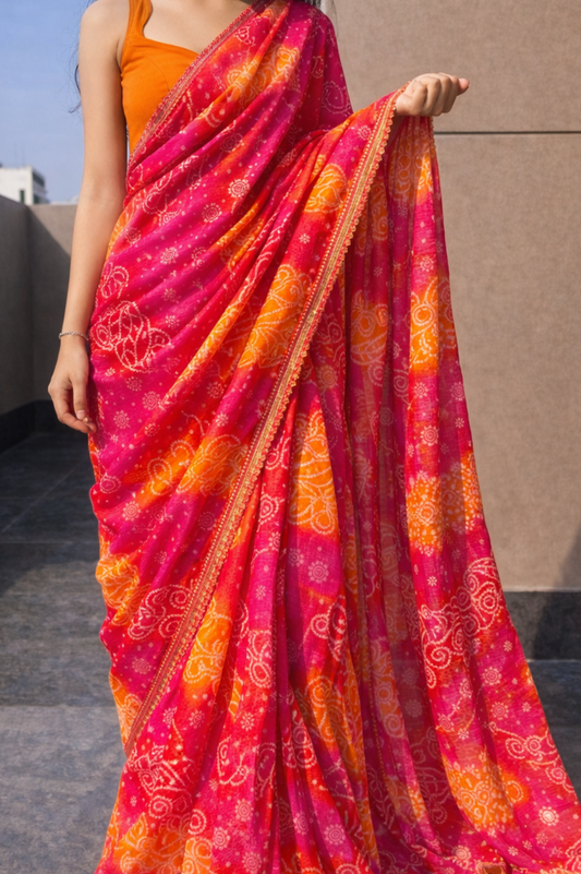 Pink & Orange Bandhani Style Kota Doria | Ready To Wear Saree