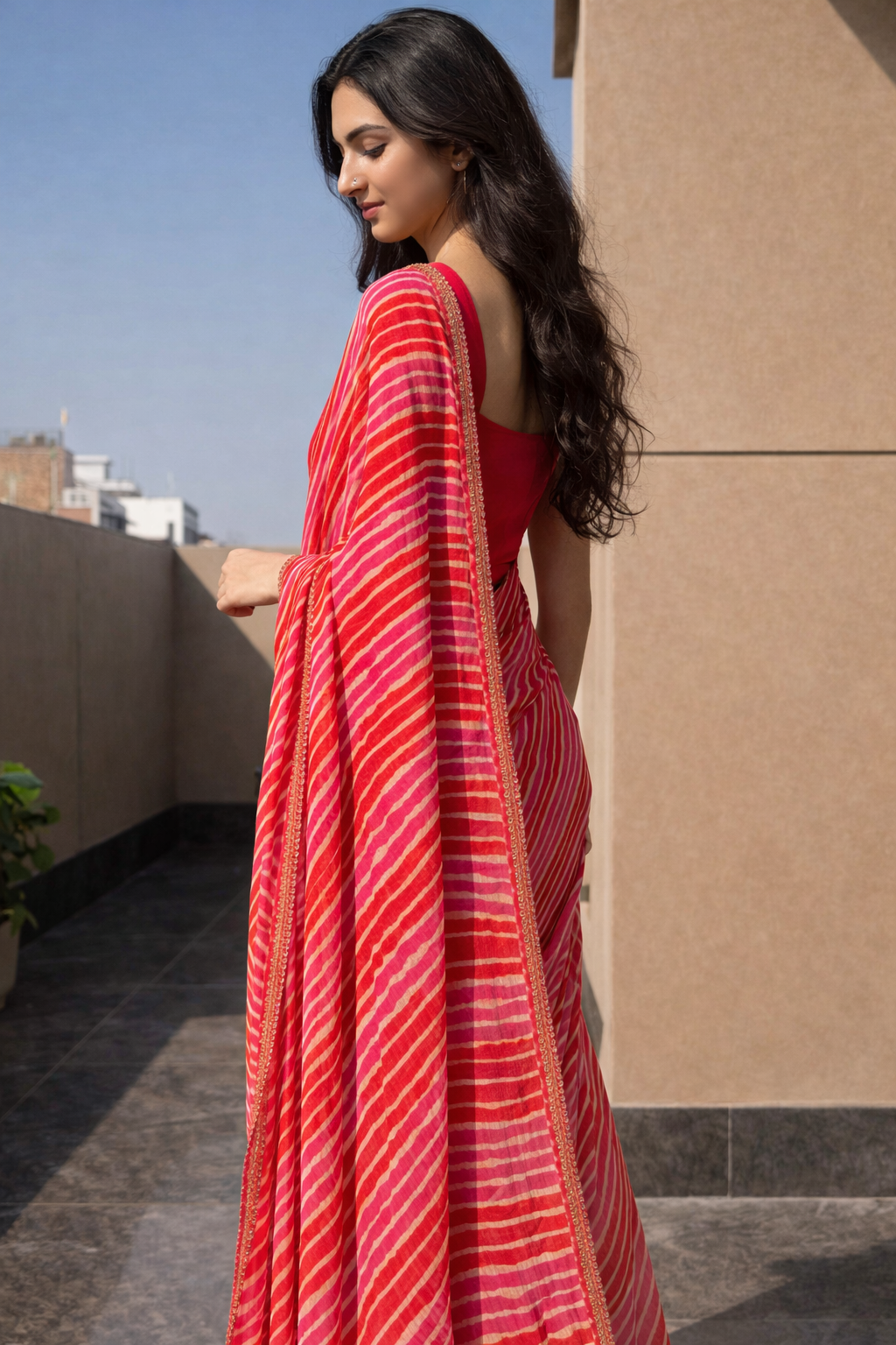 Pink Leheriya Pure Georgette | Ready To Wear Saree