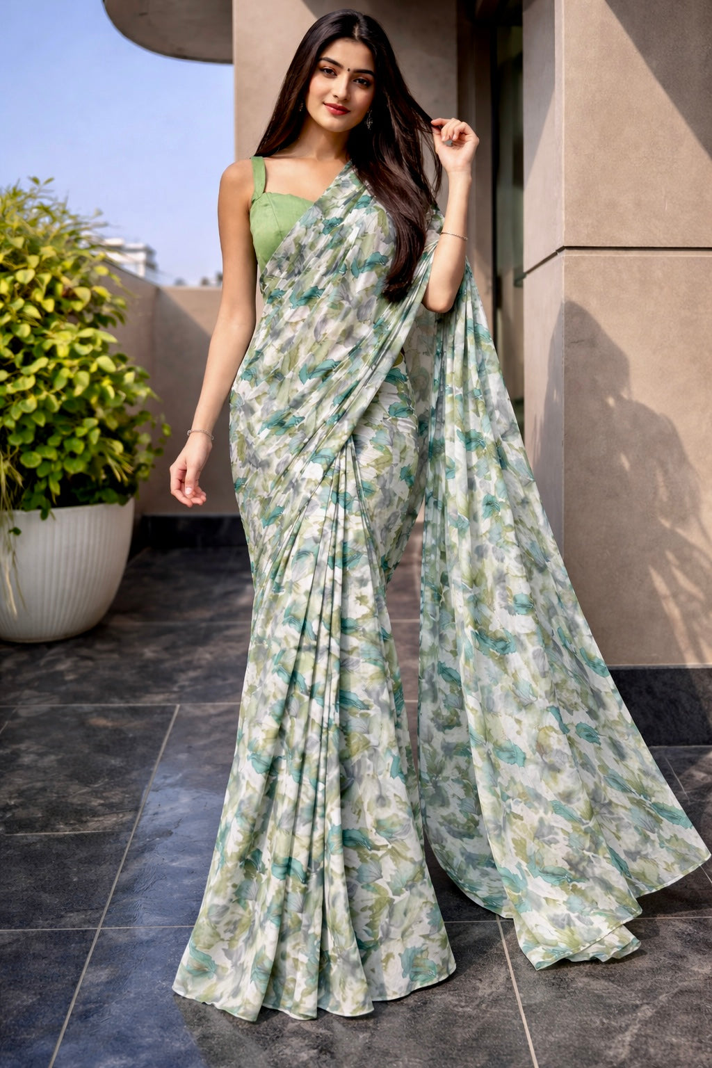 Green Printed Georgette | Ready To Wear Saree