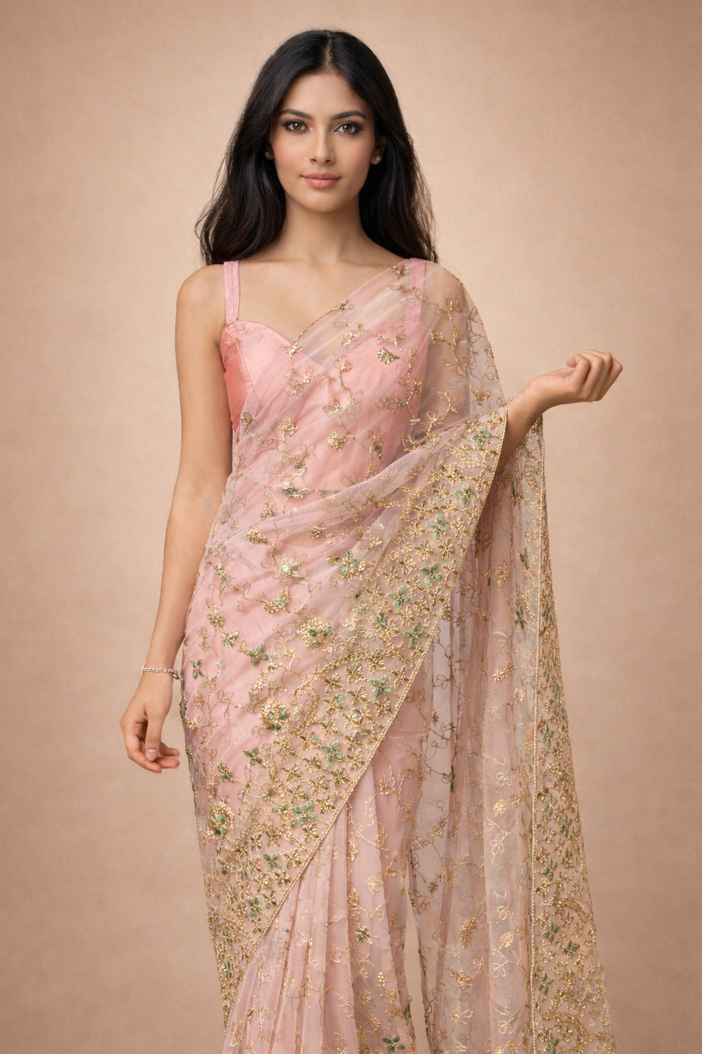 Pink Net Floral Embroidered | Ready To Wear Saree one minute saree