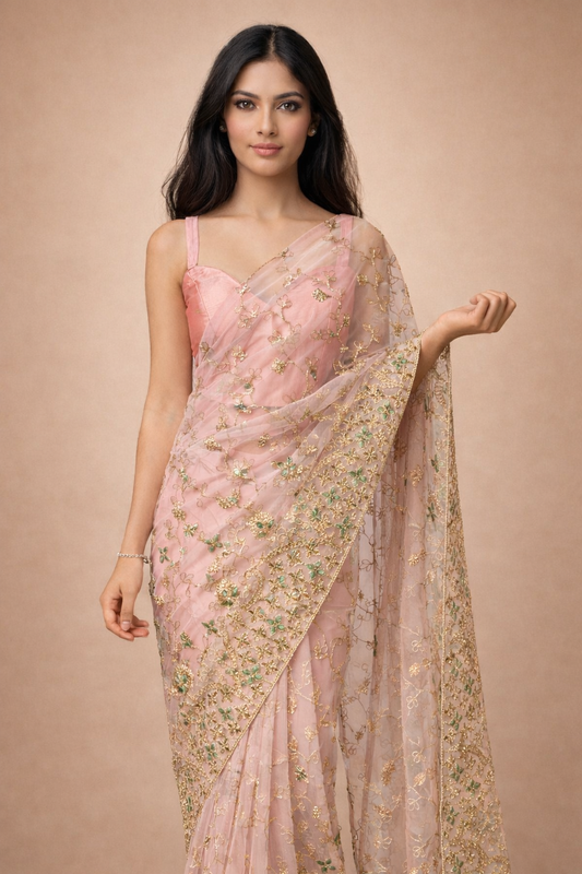 Pink Net Floral Embroidered | Ready To Wear Saree one minute saree