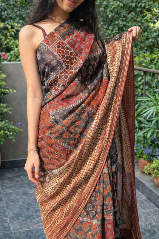 ready to wear one minute saree printed golden border broad border