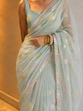 Sage Green Mul Chanderi Pre-Stitched Saree With Pocket