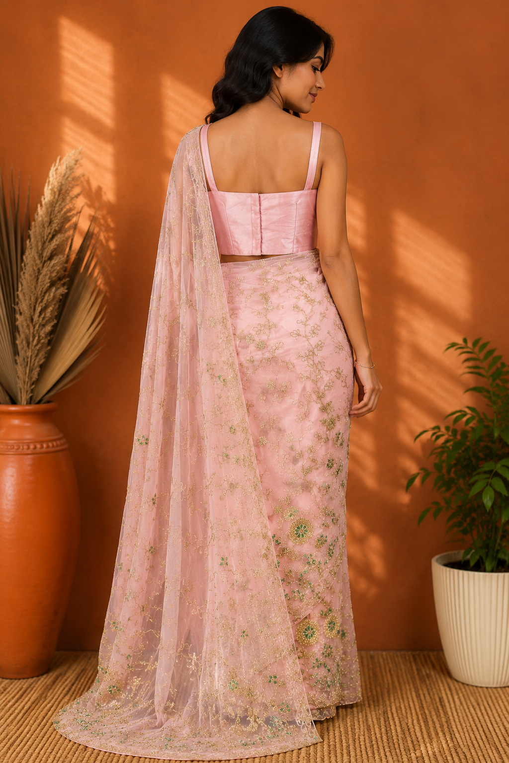 Pink Net Floral Embroidered | Ready To Wear Saree