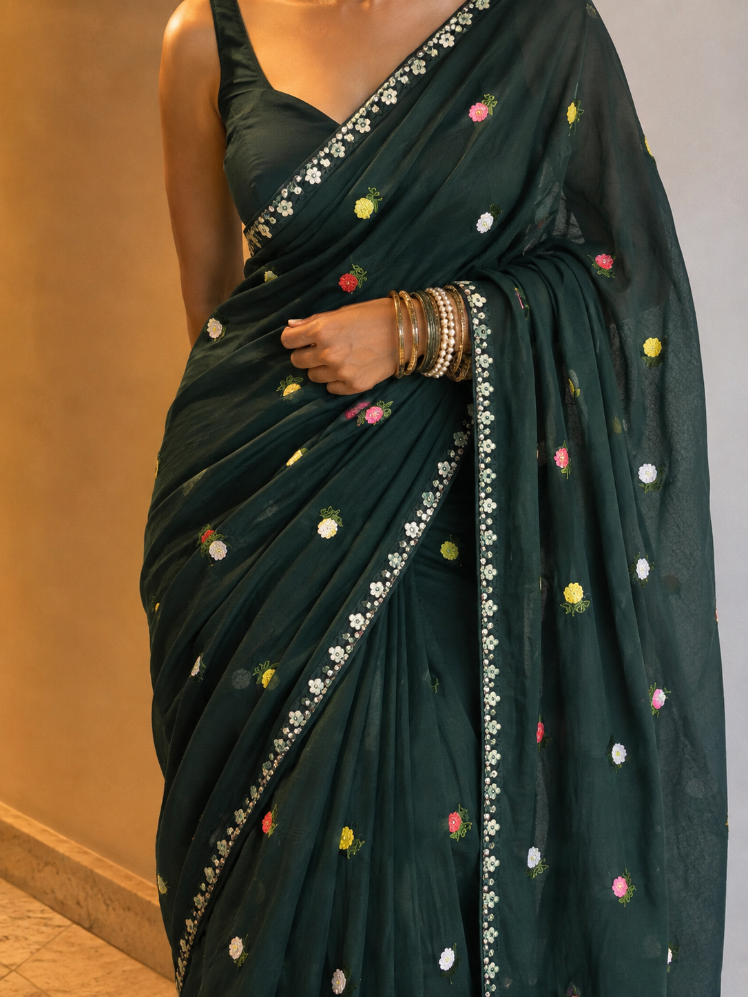 Bottle Green Mul Chanderi Pre-Stitched Saree With Phulkari Lace