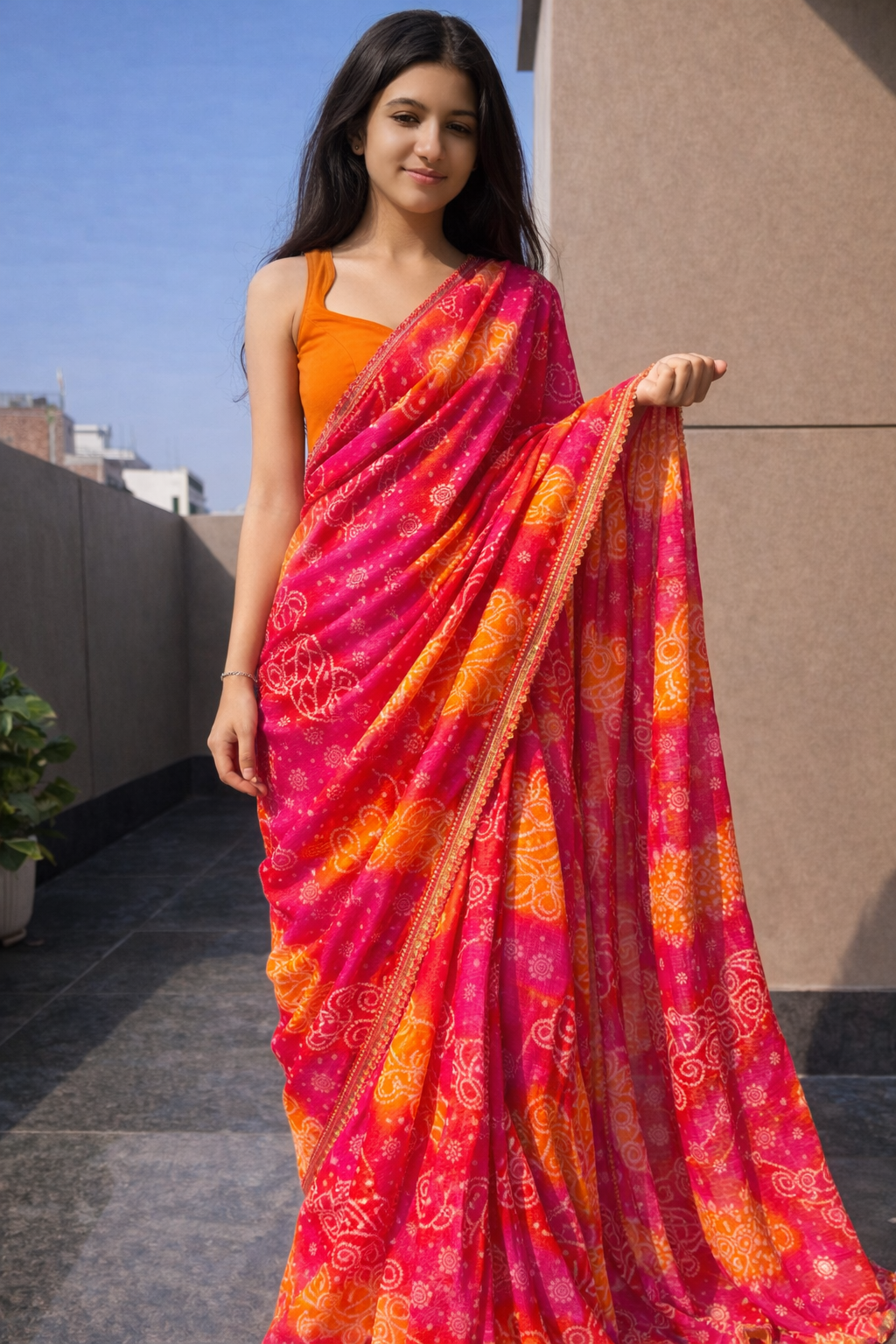 Pink & Orange Bandhani Style Kota Doria | Ready To Wear Saree