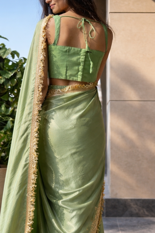 Banarasi Style Pistachio Green Tissue | Ready To Wear Saree one minute saree