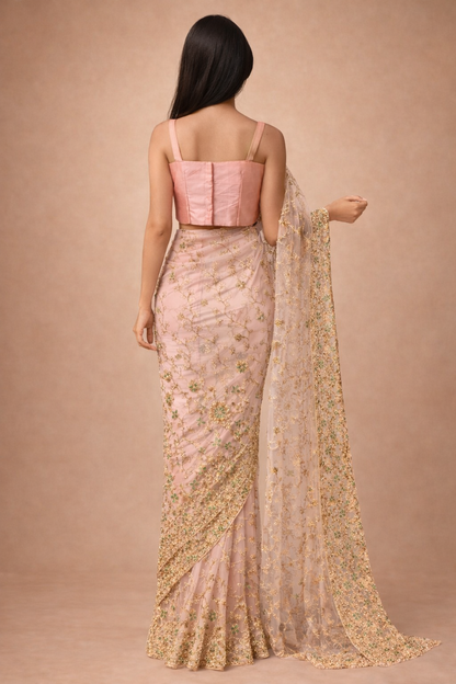 Pink Net Floral Embroidered | Ready To Wear Saree one minute saree