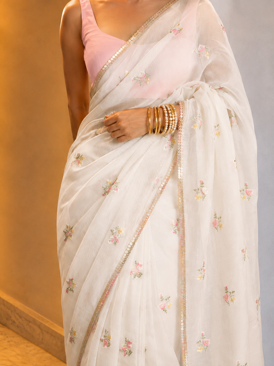 Ivory Mul Chanderi Pre-Stitched Saree With Pocket