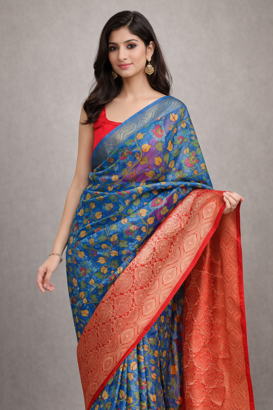 ready to wear one minute saree kalamkari print banarasi