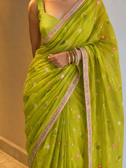 Lime Green Mul Chanderi Pre-Stitched Saree With Pocket