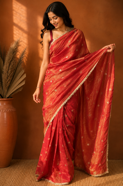 Gold Copper Soft Tissue | Ready To Wear Saree