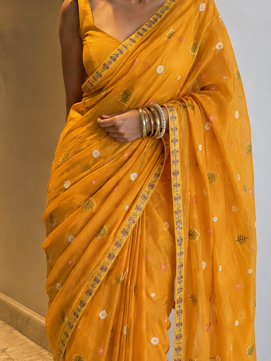 Mustard Yellow Mul Chanderi Pre-Stitched Saree With Pocket