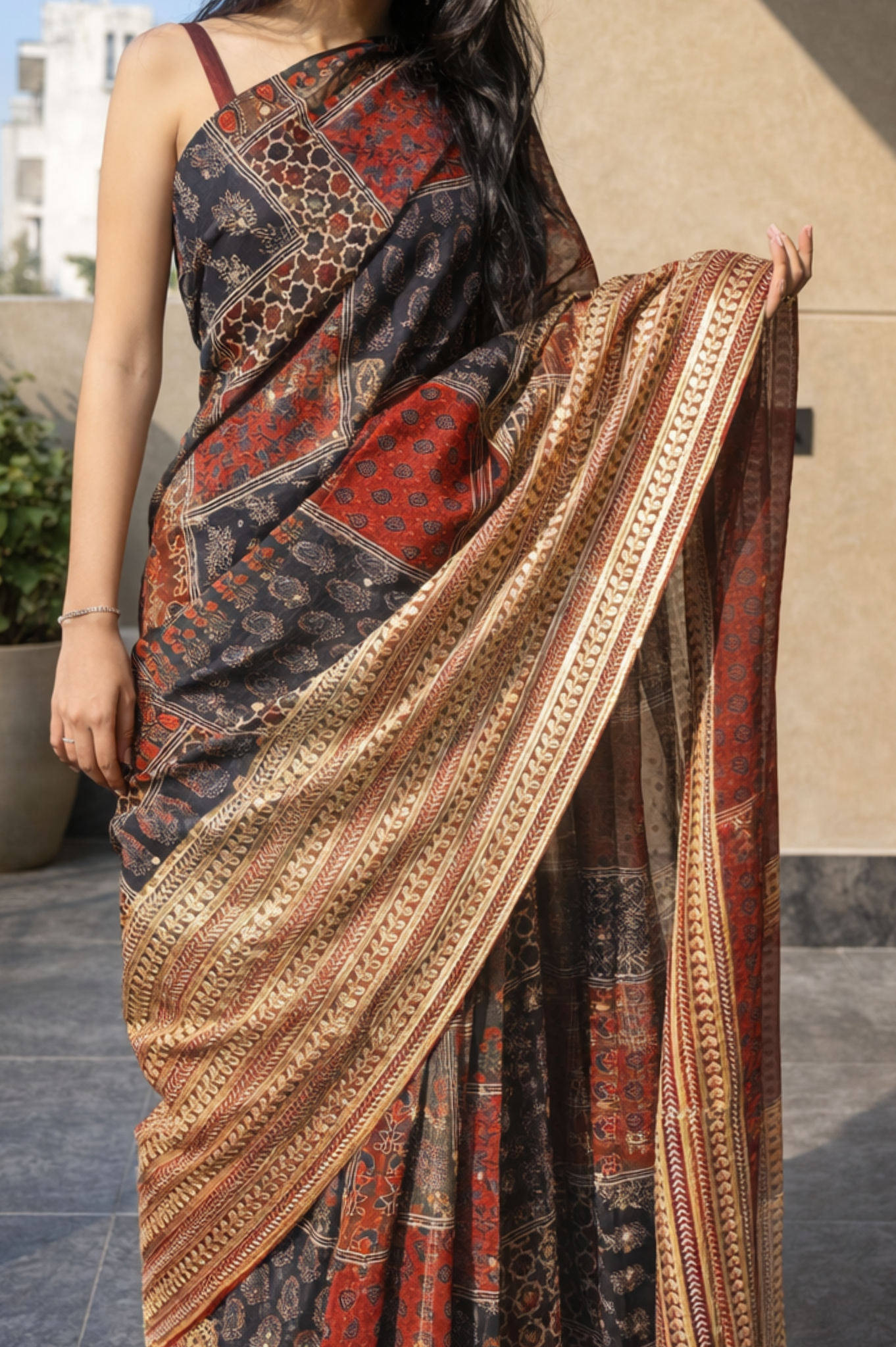 ready to wear one minute saree printed golden border broad border