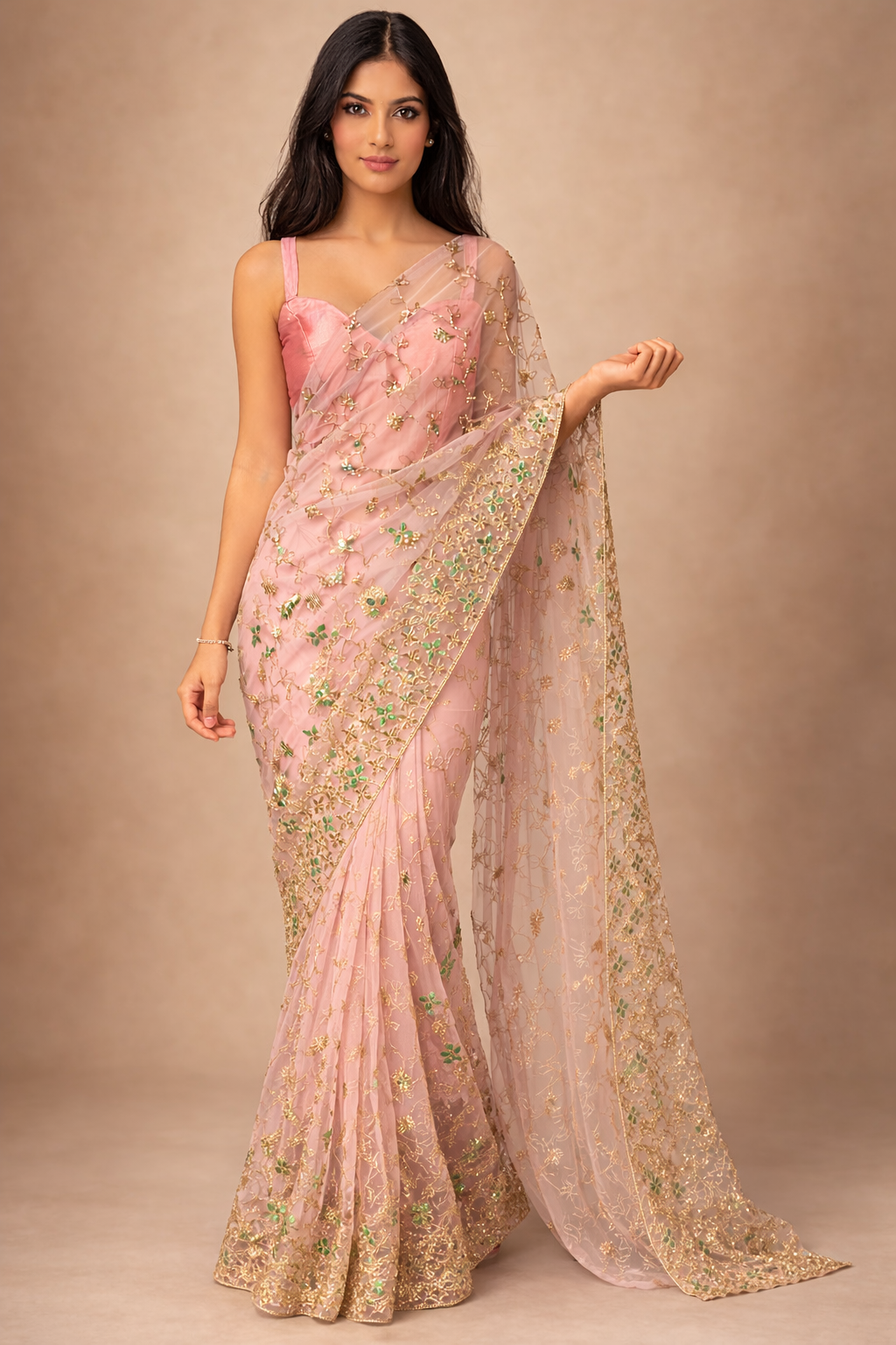 Pink Net Floral Embroidered | Ready To Wear Saree one minute saree