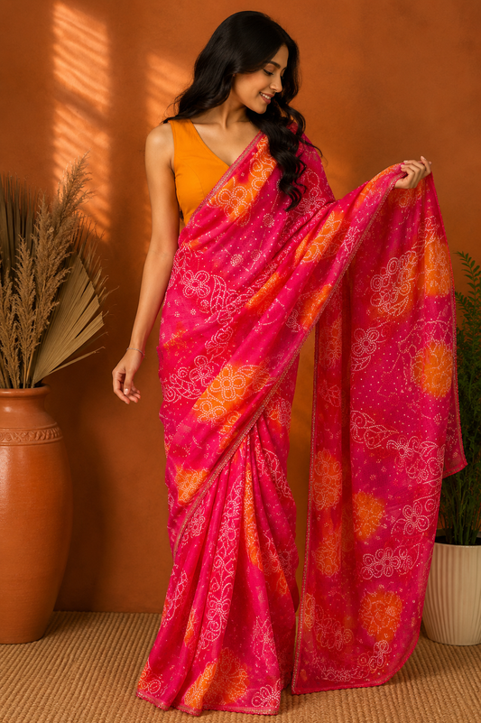 Pink & Orange Bandhani Style Kota Doria | Ready To Wear Saree