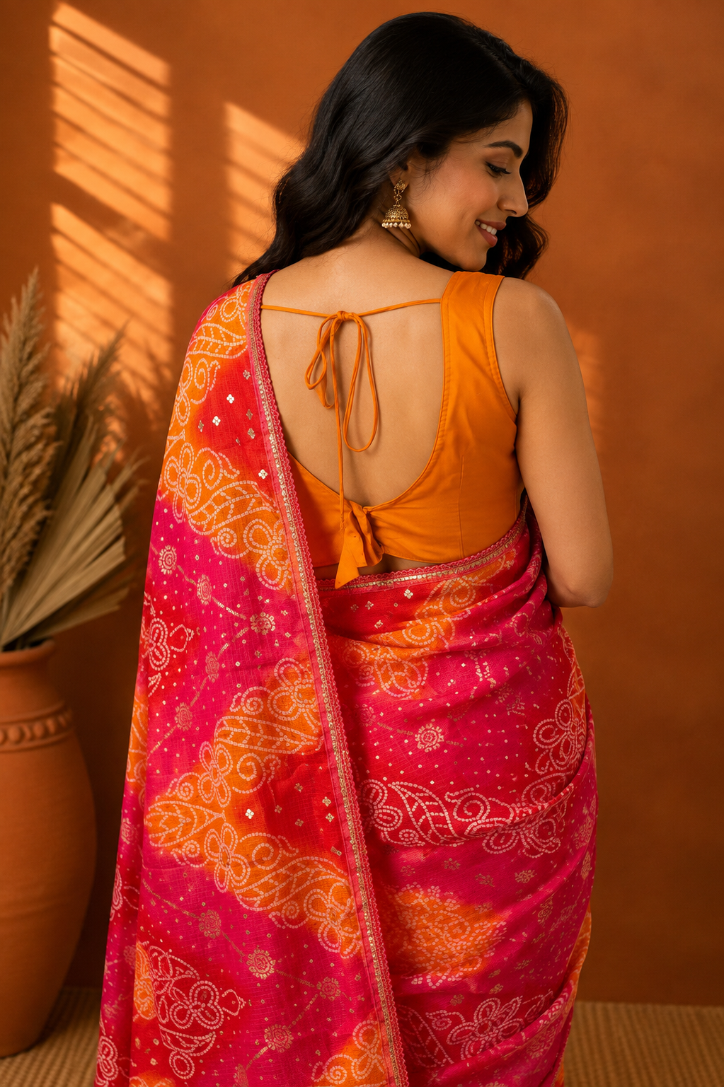 Pink & Orange Bandhani Style Kota Doria | Ready To Wear Saree
