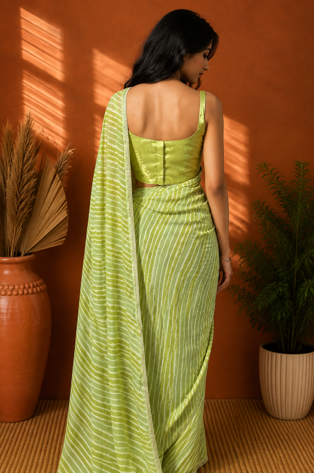 Green Leheriya Pure Georgette | Ready To Wear Saree