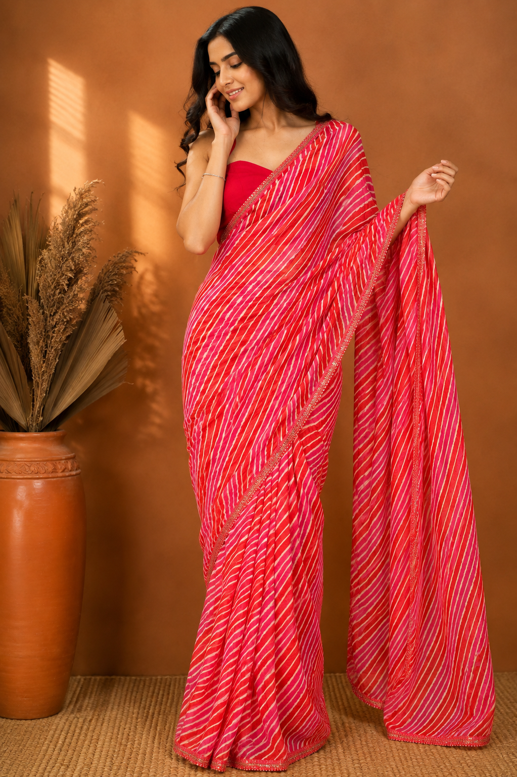 Pink Leheriya Pure Georgette | Ready To Wear Saree