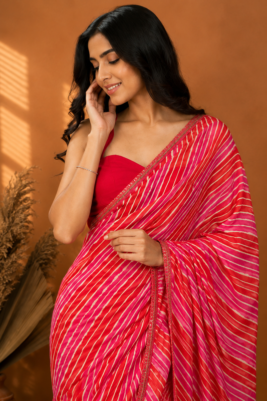 Pink Leheriya Pure Georgette | Ready To Wear Saree