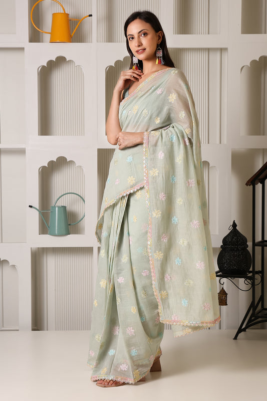 Sage Green Mul Chanderi Pre-Stitched Saree With Pocket