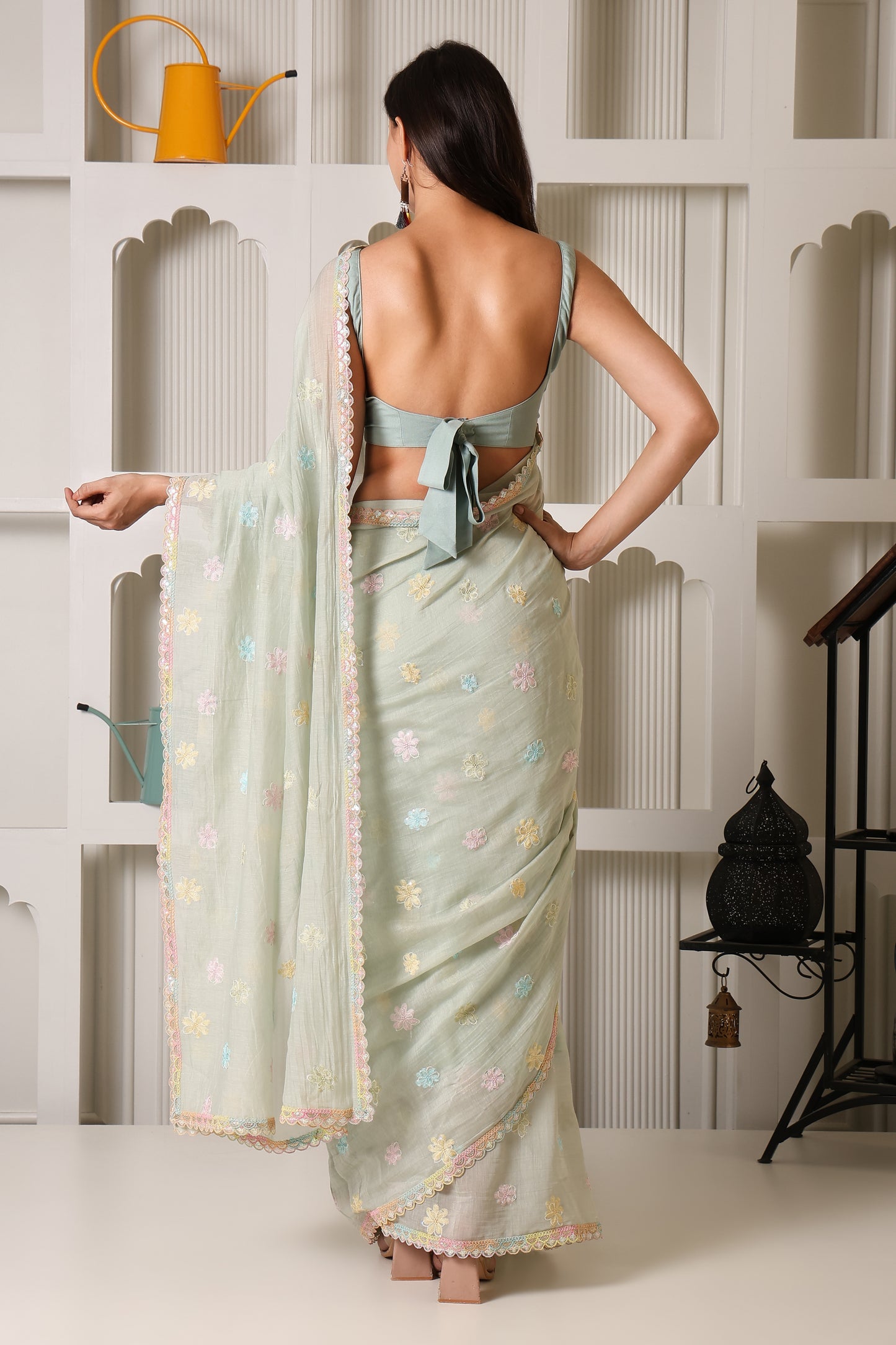 Sage Green Mul Chanderi Pre-Stitched Saree With Pocket