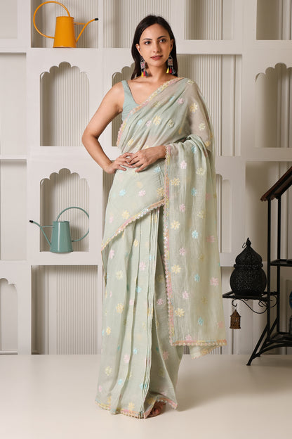 Sage Green Mul Chanderi Pre-Stitched Saree With Pocket