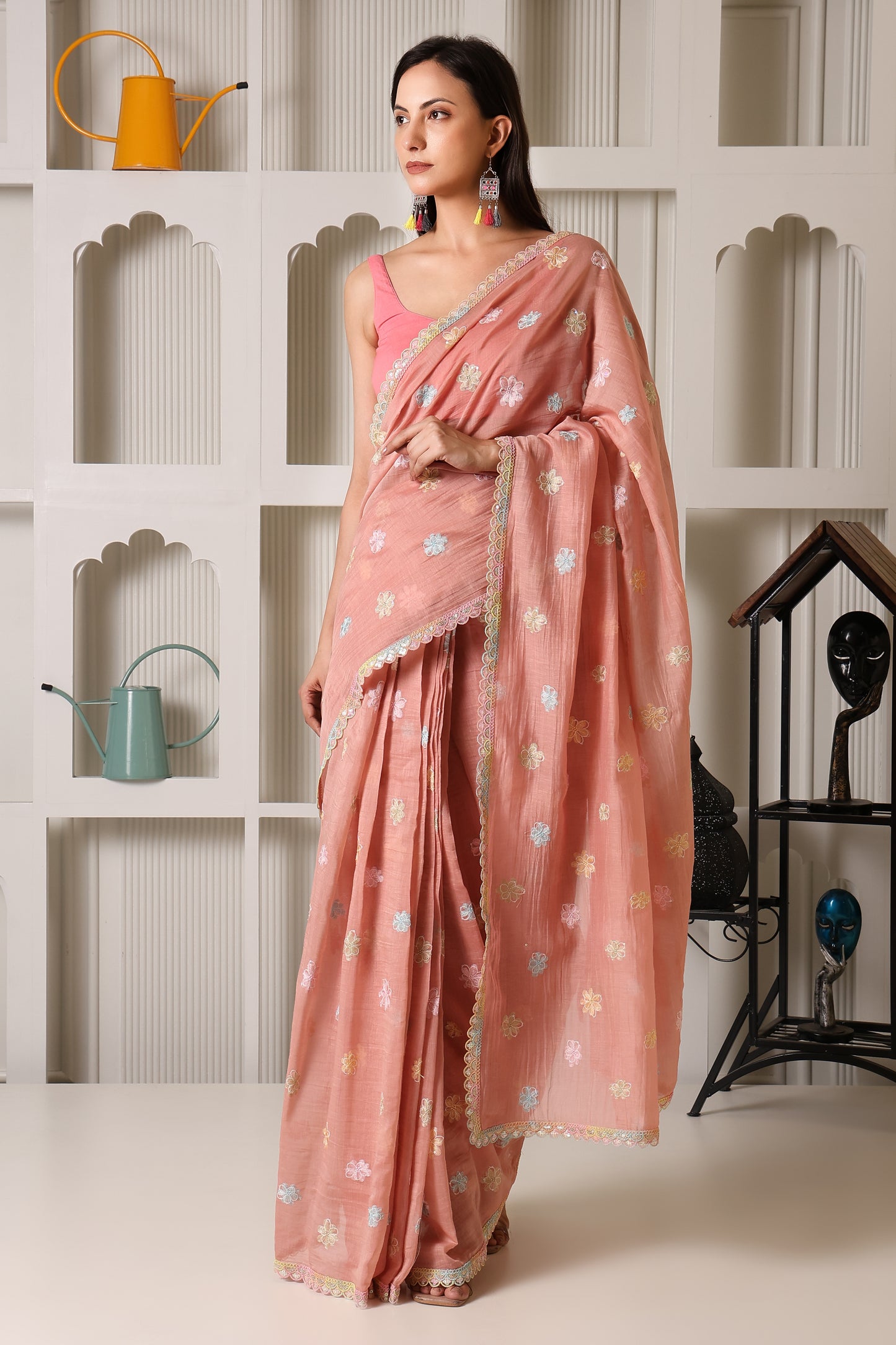 Peach-Pink Mul Chanderi Pre-Stitched Saree With Pocket