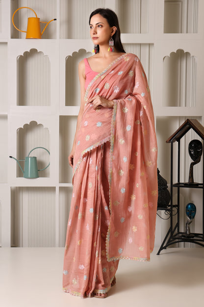 Peach-Pink Mul Chanderi Pre-Stitched Saree With Pocket