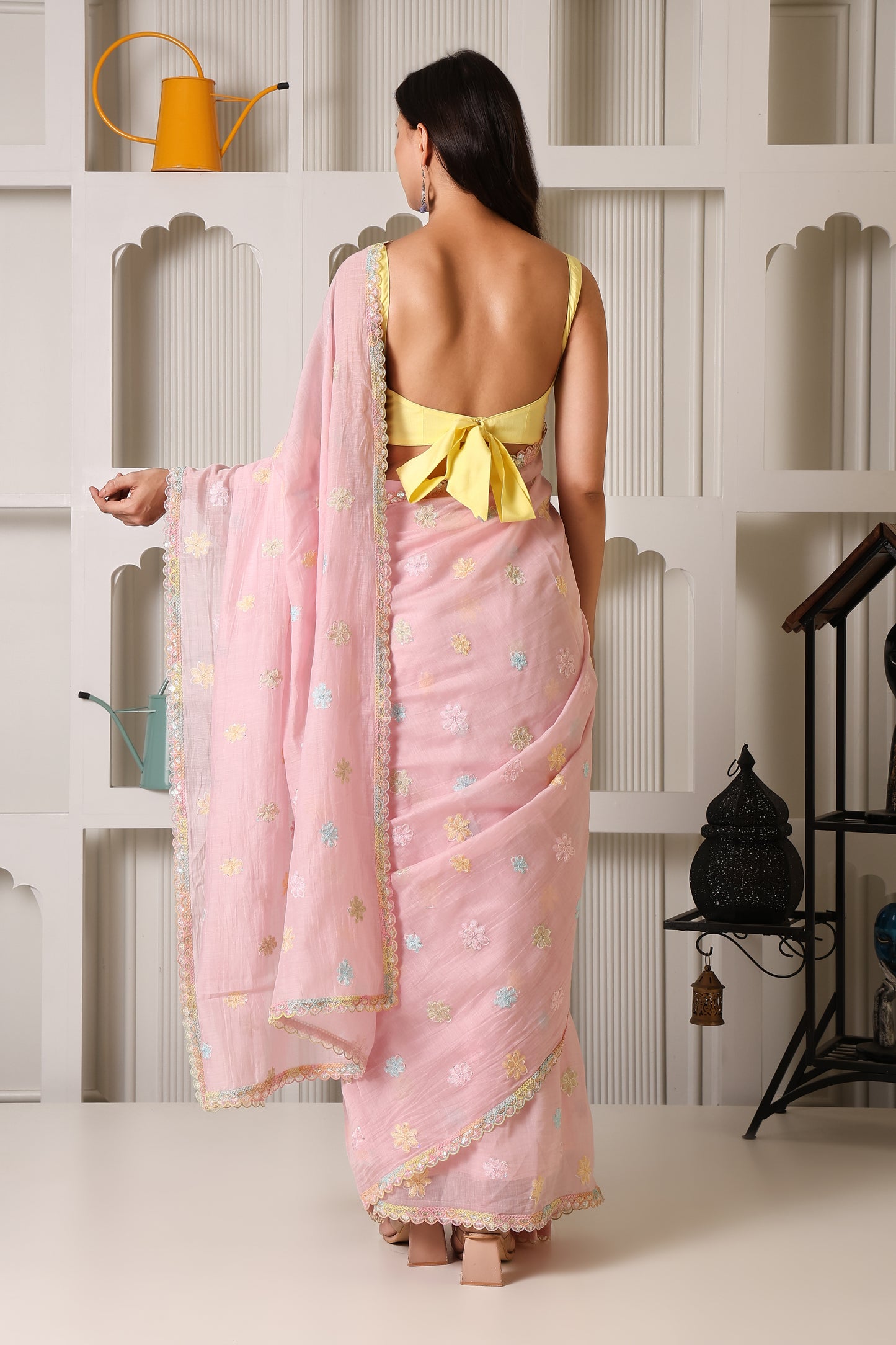 Light Pink Mul Chanderi Pre-Stitched Saree With Pocket