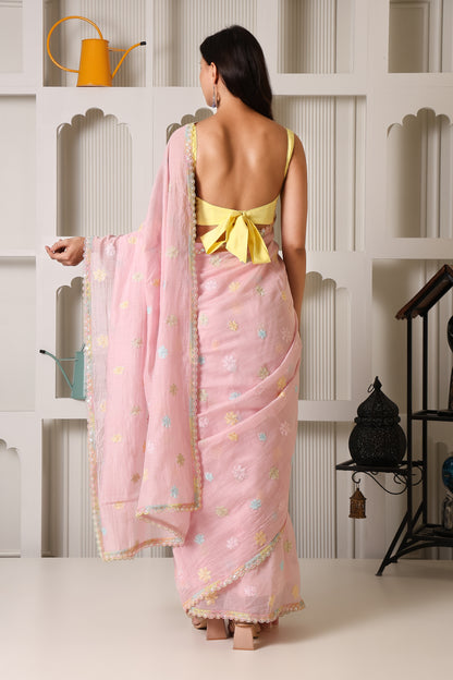 Light Pink Mul Chanderi Pre-Stitched Saree With Pocket