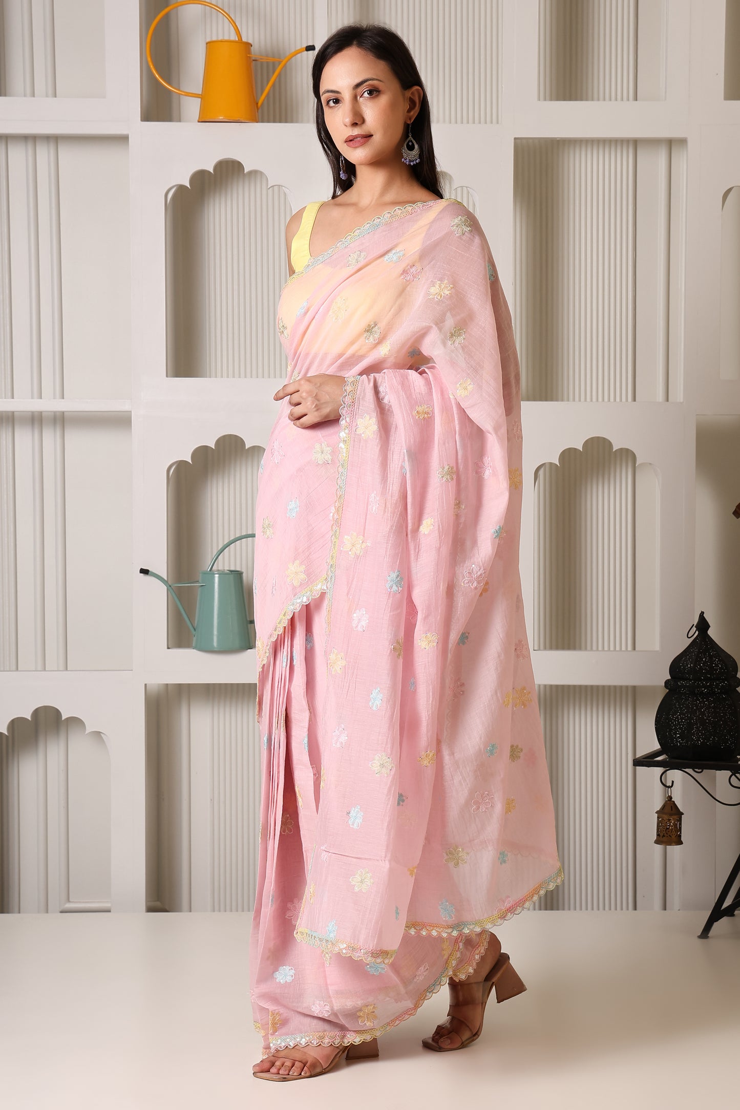 Light Pink Mul Chanderi Pre-Stitched Saree With Pocket