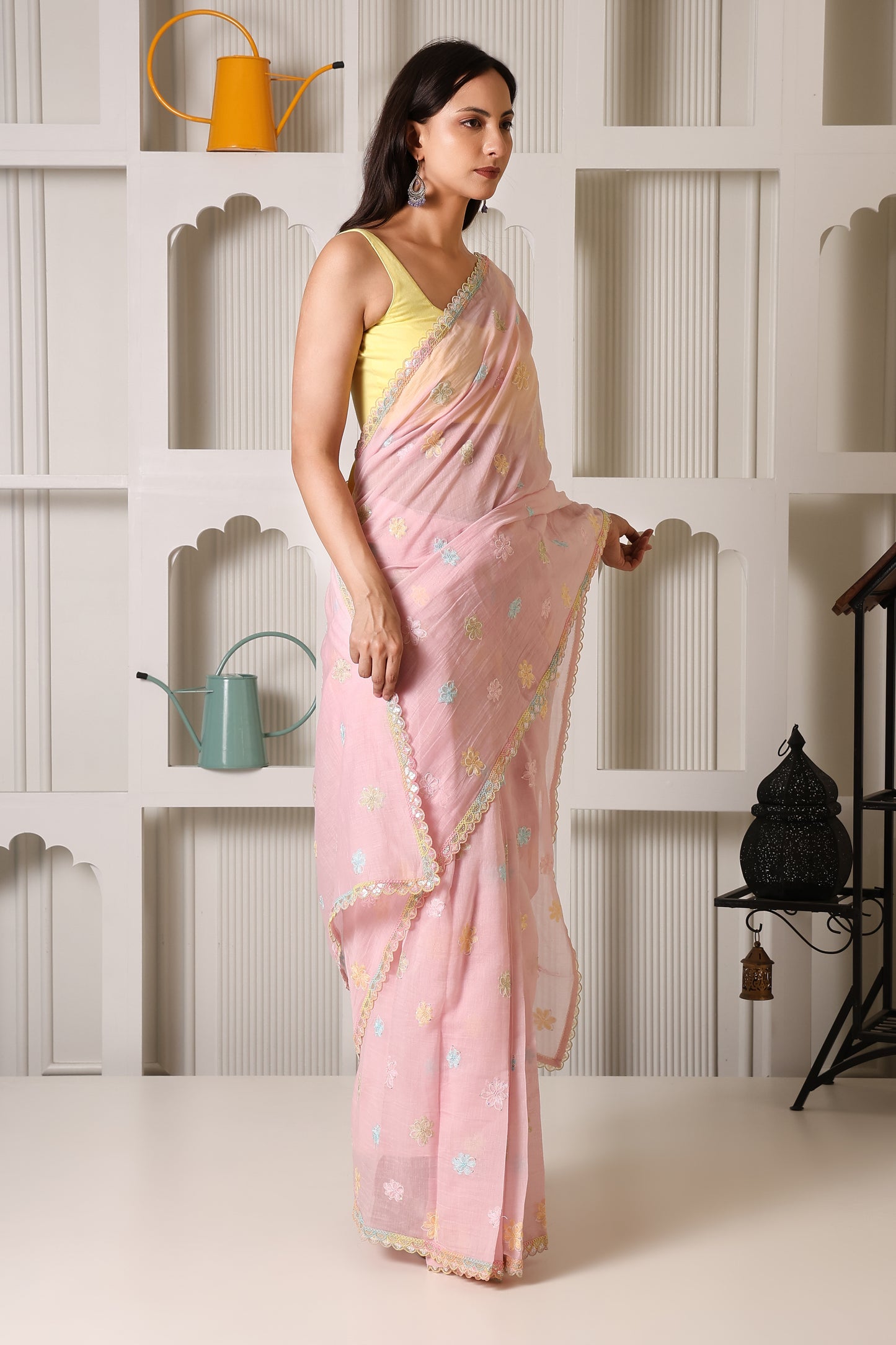 Light Pink Mul Chanderi Pre-Stitched Saree With Pocket