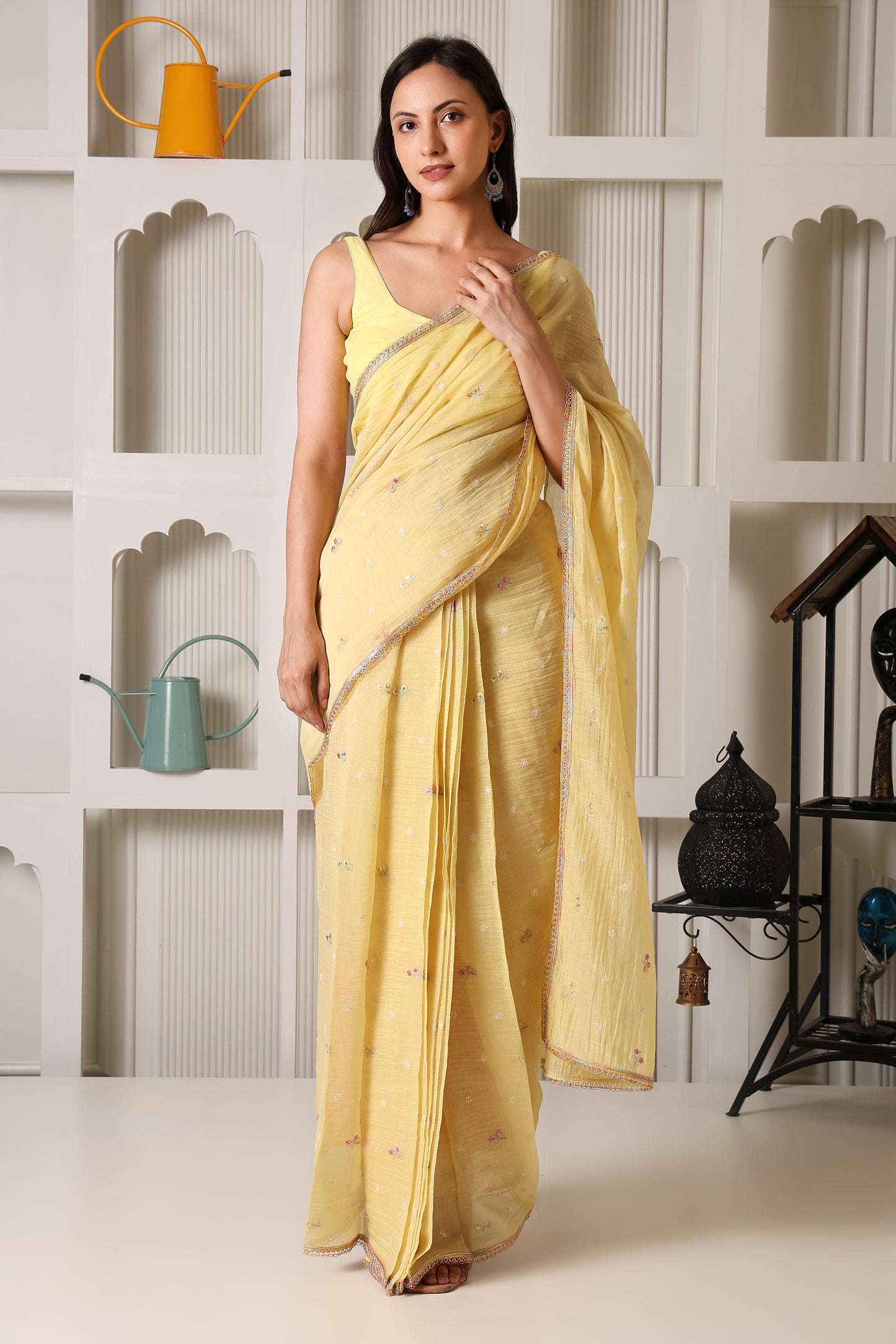 Pastel Yellow Mul Chanderi Pre-Stitched Saree With Pocket